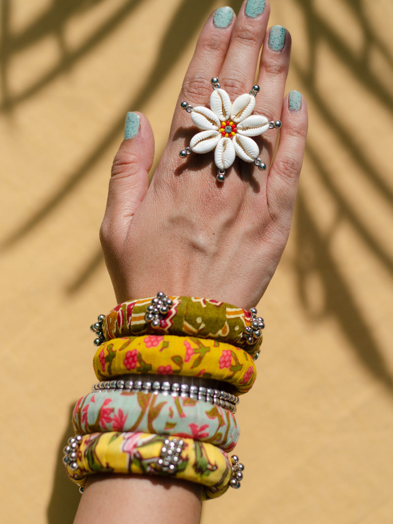 Satrangi Shell Ring + Fabric Oxidised Bangles Combo Set