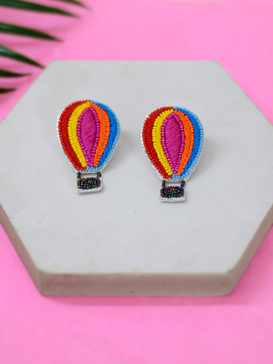 Hot Air Balloon Embroidered Earrings, a beautifully hand-embroidered earring from our designer collection of quirky, boho, Kundan and tassel earrings for women online.
