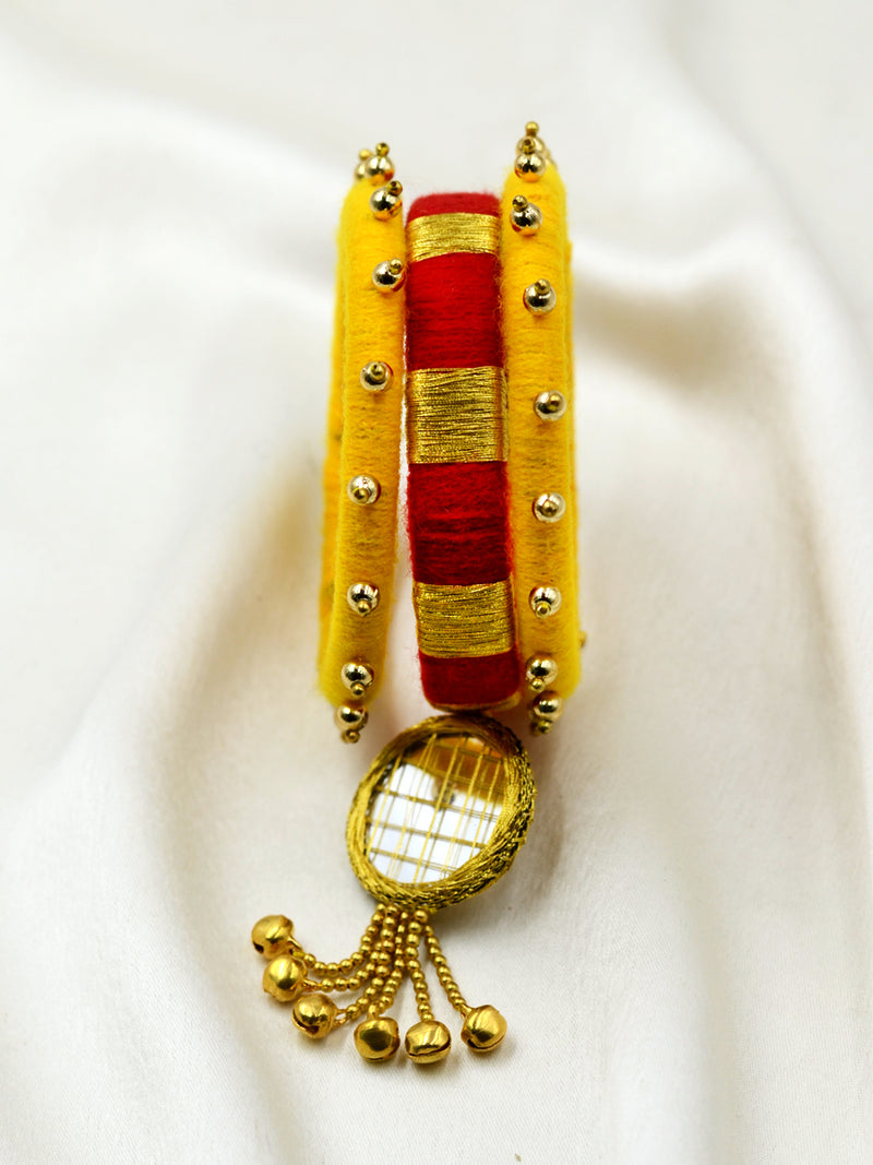 Zari Mirror Ghungroo Bangles (Set of 3), a set of beautiful handmade zari bangles with bead and ghungroo detailing from our latest designer collection of wedding themed bangles online for women.