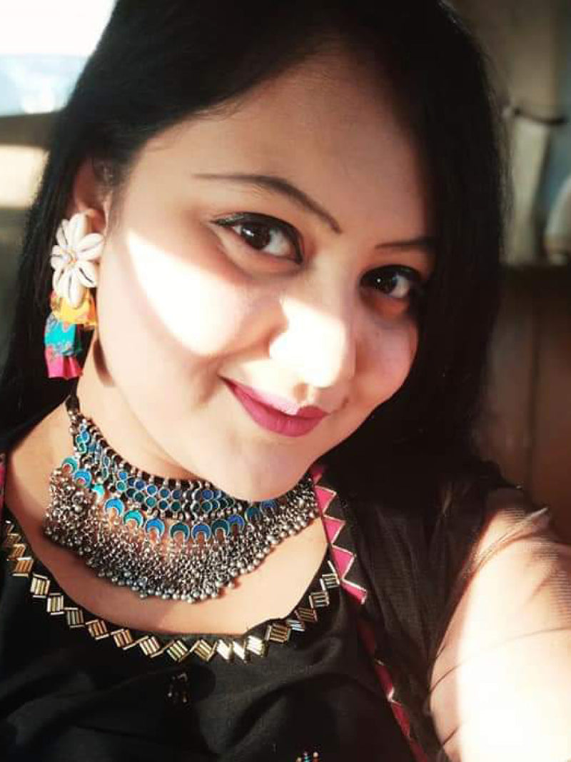 Rainbow Shell Earrings, a chic hand embroidered shell earrings with mirror detailing from our quirky designer collection of earrings for women online.