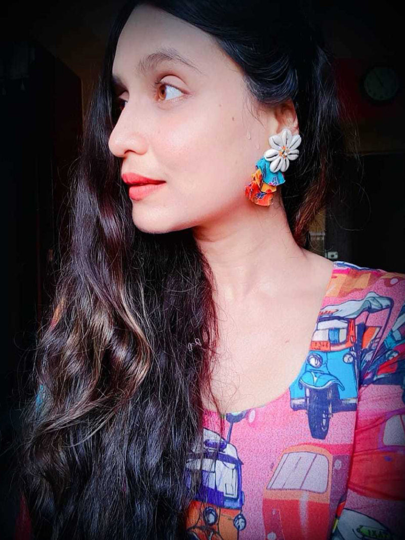 Rainbow Shell Earrings, a chic hand embroidered shell earrings with mirror detailing from our designer collection of earrings for women.