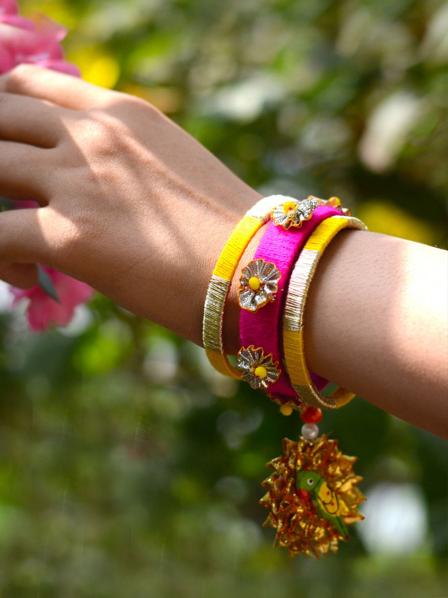Parrot Charm Gota Bangles, beautifully handmade gota bangles with bead and parrot detailing from our latest collection of wedding themed bangles for women.
