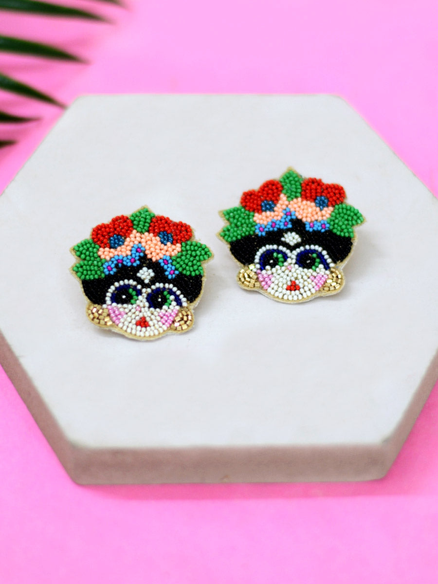 Frida Embroidered Bead Earrings, an embroidered earring with beads from our quirky designer collection of earrings for women online.
