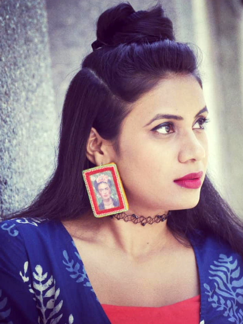 Fearless Frida Earrings, a beautifully hand-embroidered earring from our designer collection of quirky, boho, Kundan and tassel earrings for women online.