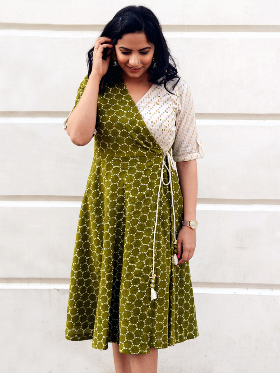 Ziva Wrap Midi Dress, a hand embroidered ultra chic wrap dress with mirror and tassel detailing from our latest designer collection of boho dresses for women online.