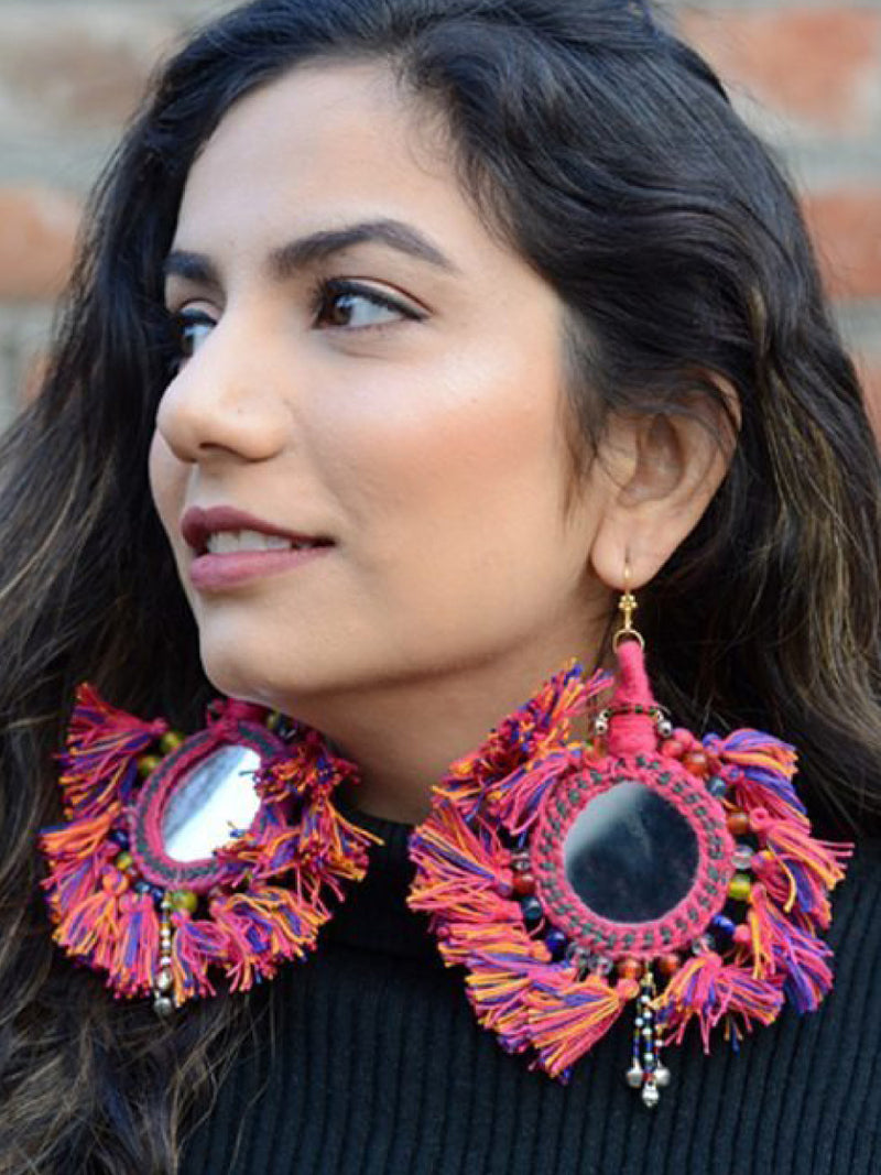 You're my Sun Earrings, a beautiful handmade hand embroidered earring with mirror and tassel from our designer collection of earrings for women.