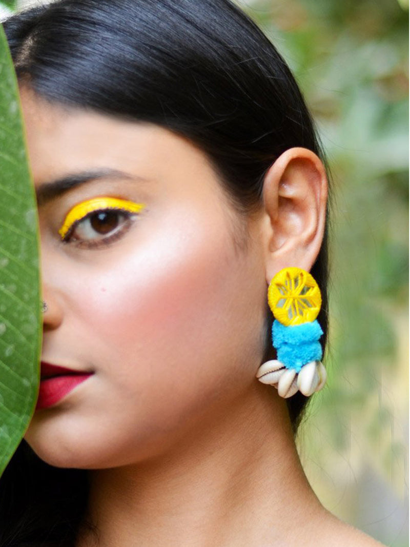Zoya Pom-pom Shell Earrings, a chic hand embroidered shell earrings with mirror and pom pom detailing from our quirky designer collection of earrings for women online.