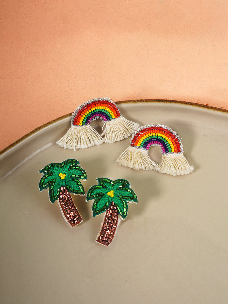 Rainbow Embroidered Bead + Tropical Embroidered Earrings (Set of 2)