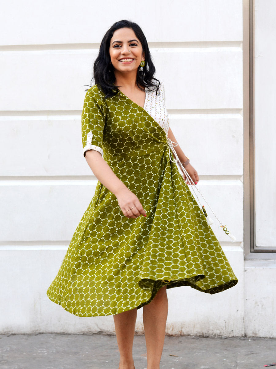 Ziva Wrap Midi Dress, a hand embroidered ultra chic wrap dress with mirror and tassel detailing from our latest designer collection of boho dresses for women online.