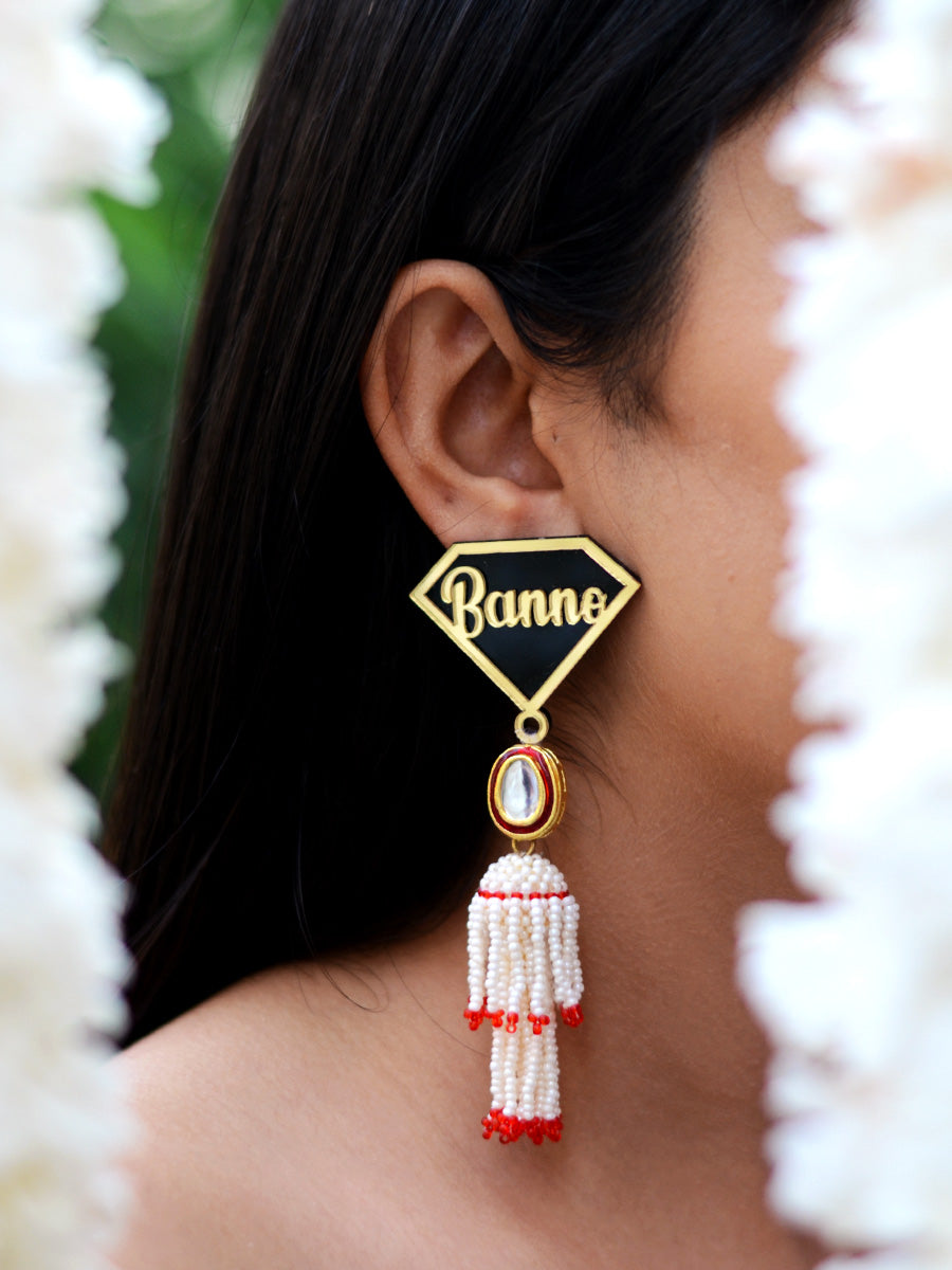 Banno Kundan Pearl Earrings, a contemporary handcrafted earring from our wedding collection of Kundan, gota patti, pearl earrings for women online.