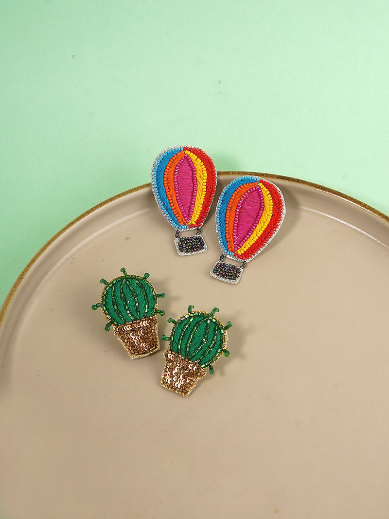 Hot Air Balloon Embroidered + Cactus Sequin Earrings (Set of 2)