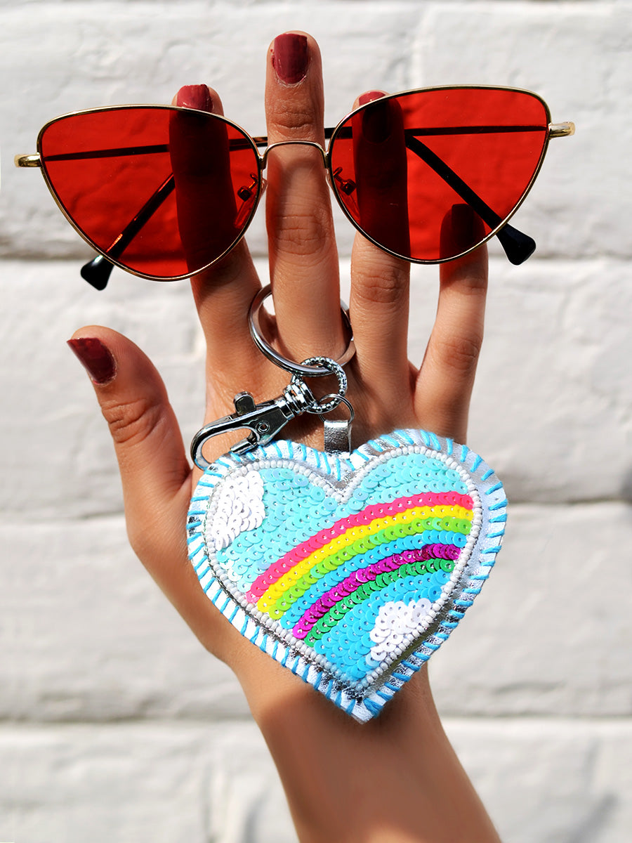 Rainbow Heart Keychain Bagcharm, a handcrafted keychain bag charm from our designer collection of hand embroidered keychain and bag charms online.