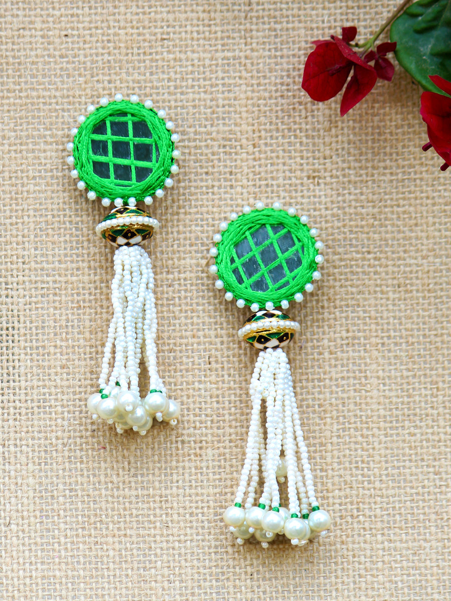 Aria Hand-Embroidered Earrings, a handcrafted earring from our wedding collection of hand embroidered, Kundan, gota patti, pearl earrings for women.