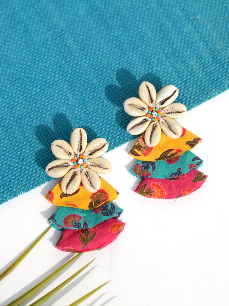 Rainbow Shell Earrings, a chic hand embroidered shell earrings with mirror detailing from our quirky designer collection of earrings for women online.