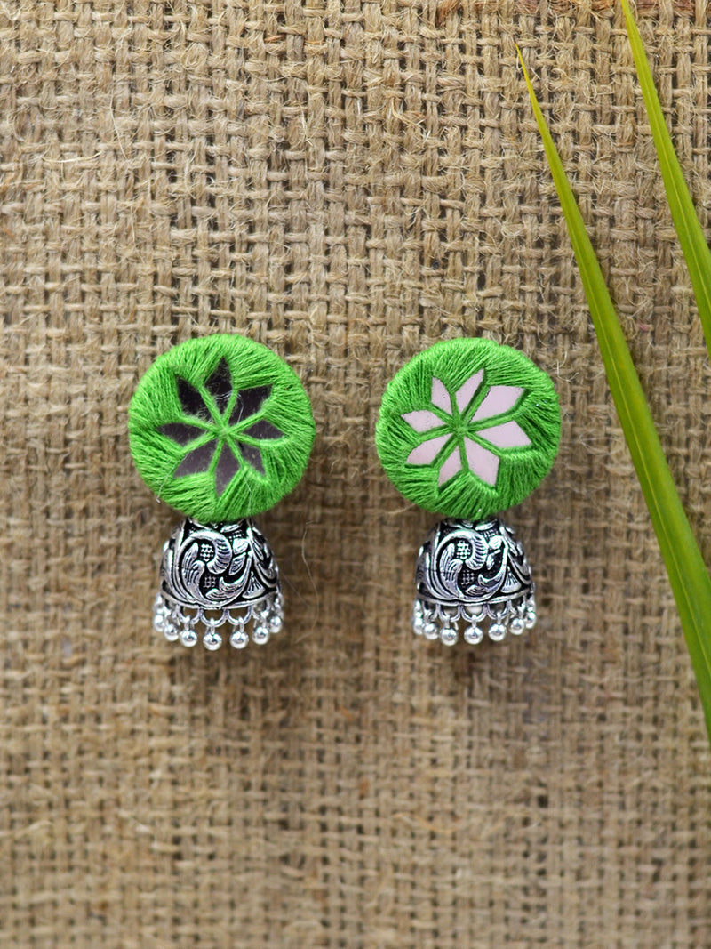 Mahira hand embroidered Jhumka, a beautifully hand-embroidered silver jhumka from our designer collection of boho, Kundan and tassel earrings and jhumkas for women.