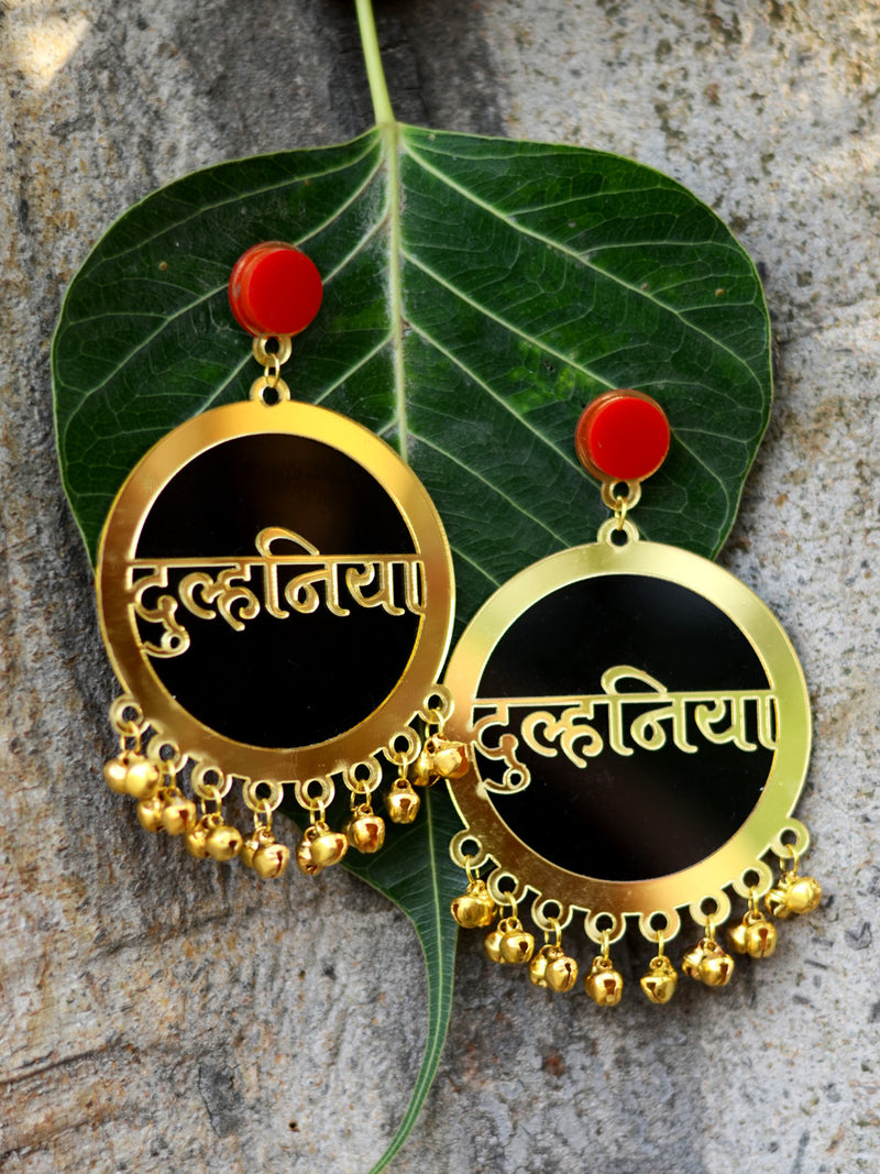 Dulhania Earrings, a quirky, unique, statement party-wear earrings from our designer collection of wedding themed earrings for women online.