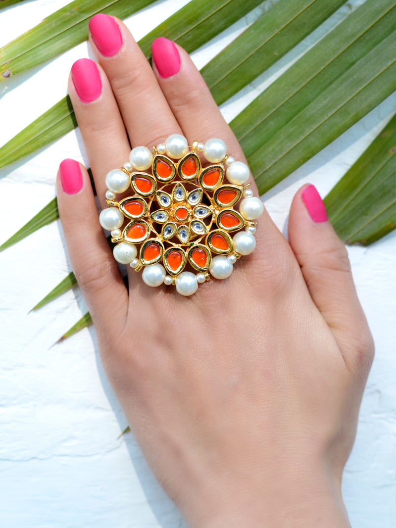 Damini Kundan Ring, one of our unique pearl kundan rings from our designer collection of rings for girls online.