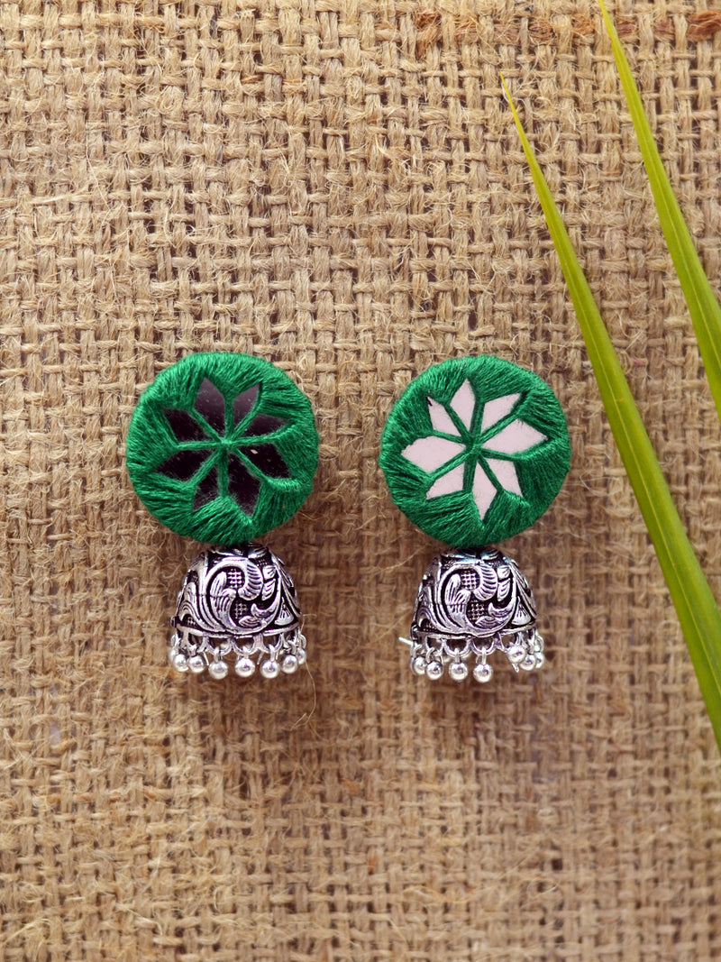 Mahira hand embroidered Jhumka, a beautifully hand-embroidered earring jhumka from our designer collection of quirky, boho, Kundan and tassel earrings and jhumkas for women online.