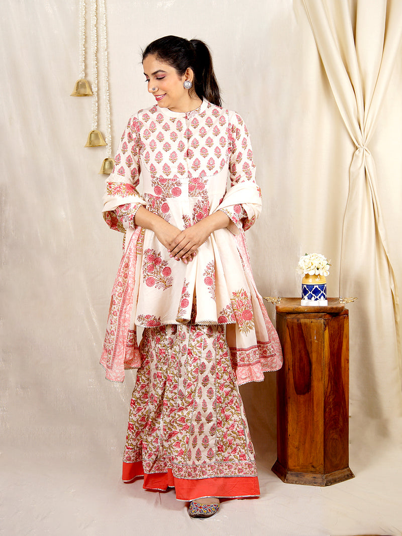Afsana White & Pink Cotton Sharara Set with Dupatta (Set of 3)
