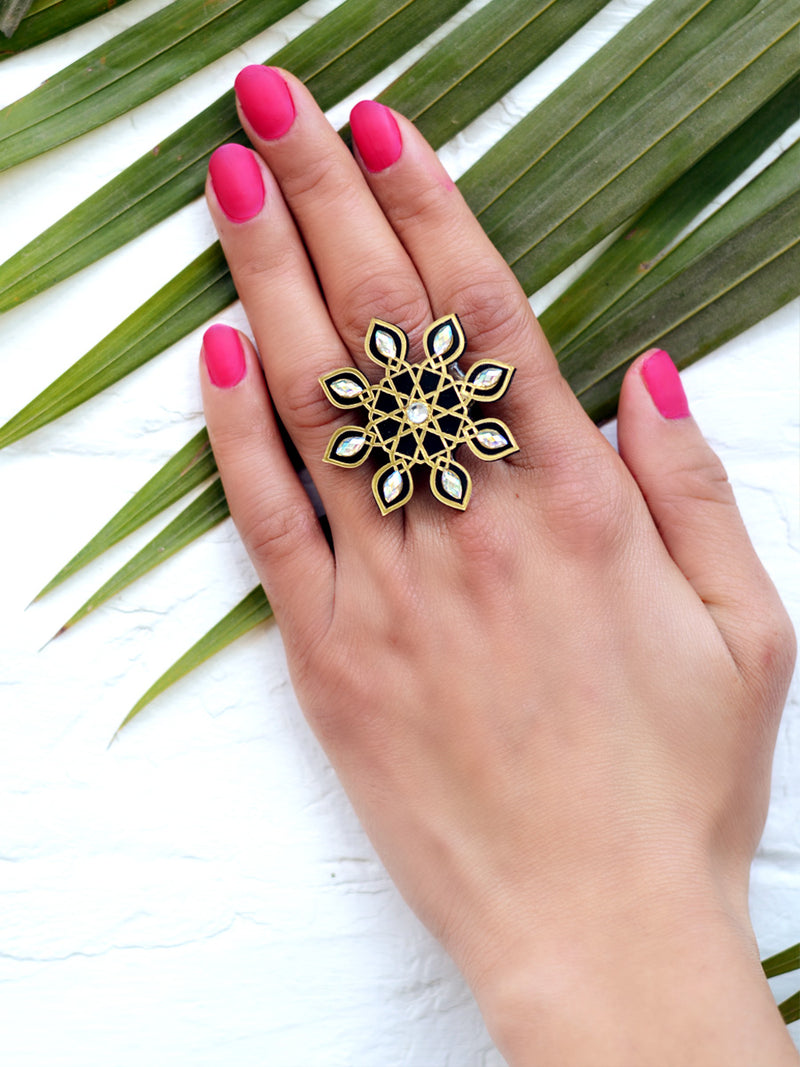Akshara Ring for girls, a hand embroidered ring with rhinestone detailing from our quirky, designer collection of rings for women online.