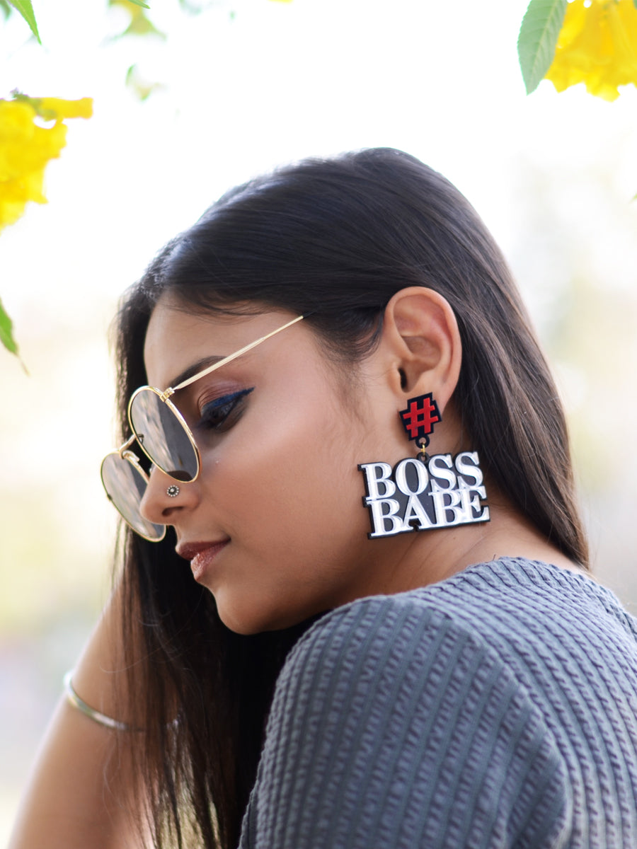 Boss Babe Earrings, a quirky, unique, statement party-wear earrings from our designer collection of earrings for women online.