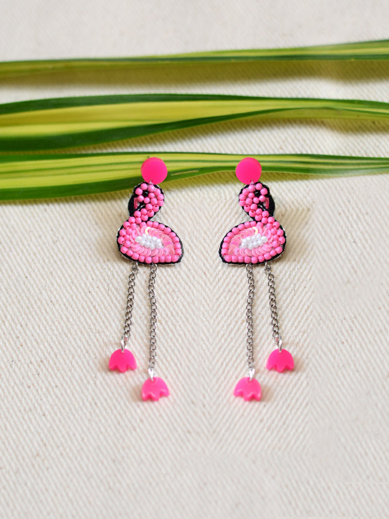 Flamingo Bead Earrings, a handcrafted earring with beads from our designer hand embroidered collection of earrings for women.
