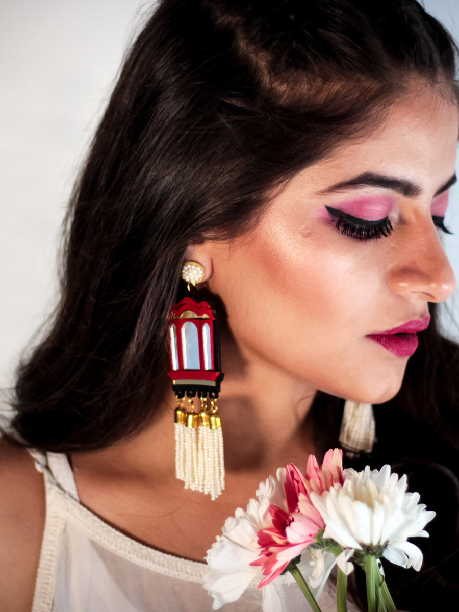 Hawa Mahal Pearl Earrings, a contemporary handcrafted earring from our wedding collection of Kundan, gota patti, pearl earrings for women online.