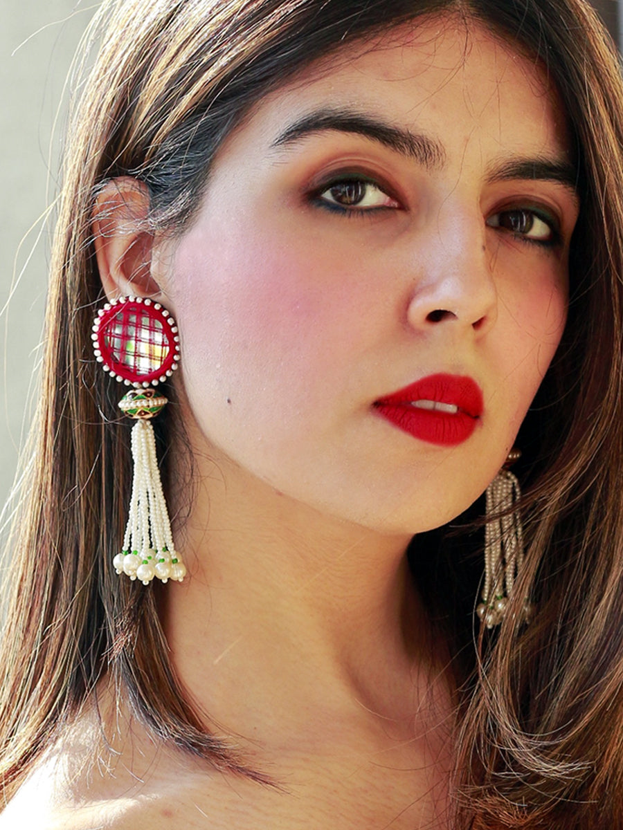 Aria Hand-Embroidered Earrings, a handcrafted earring from our wedding collection of hand embroidered, Kundan, gota patti, pearl earrings for women.