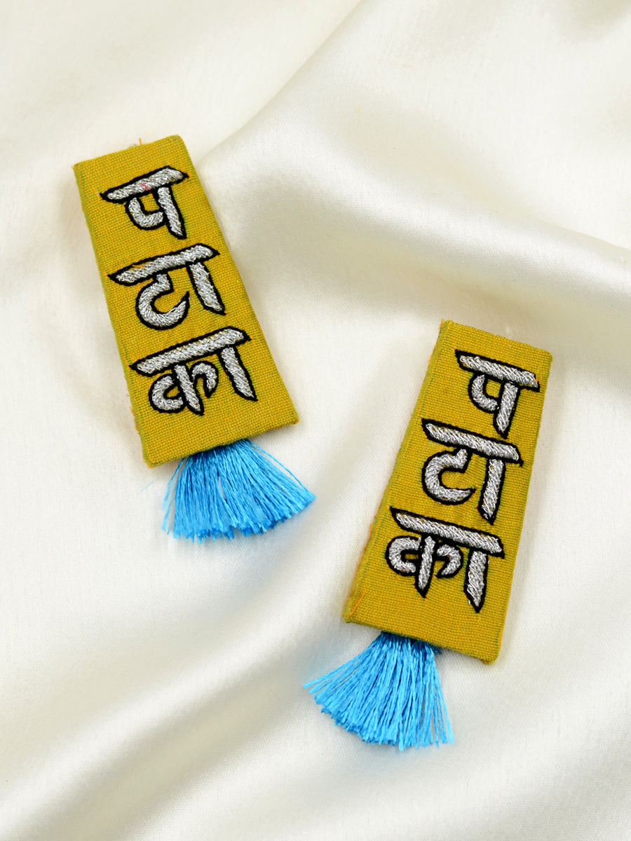 Pataka Embroidered Earrings, a beautifully hand-embroidered earring from our designer collection of quirky, boho, Kundan and tassel earrings for women online.