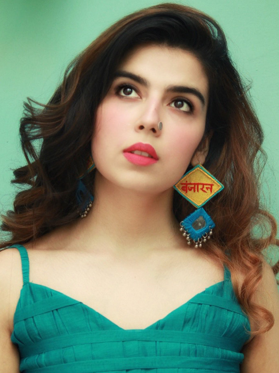 Beautiful Banjaran Mirror Earrings, an embroidered mirror earring with banjara embroidery from our quirky designer collection of earrings for women online.