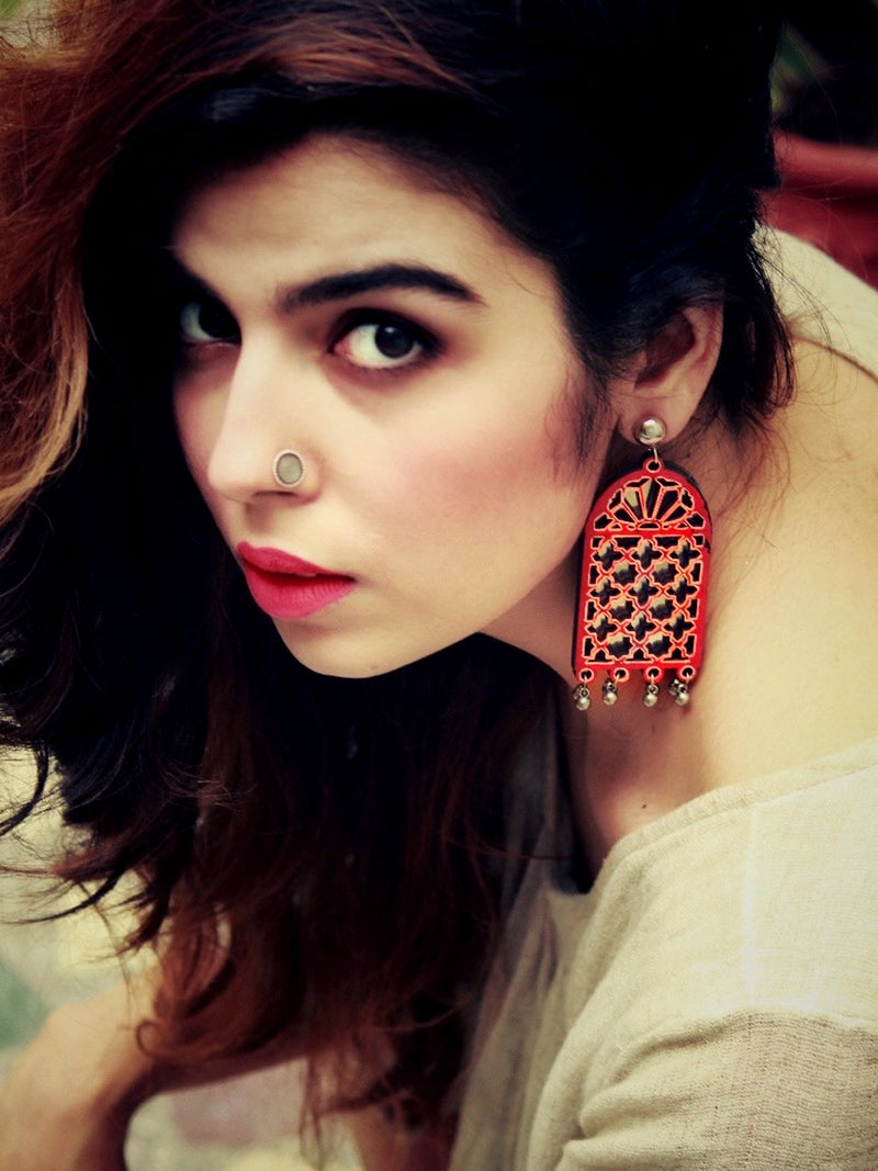 Darpan Mirror Hand-painted Earrings, a hand painted designer earring with mirror and ghungroos from our designer collection of quirky, handmade earrings for women.
