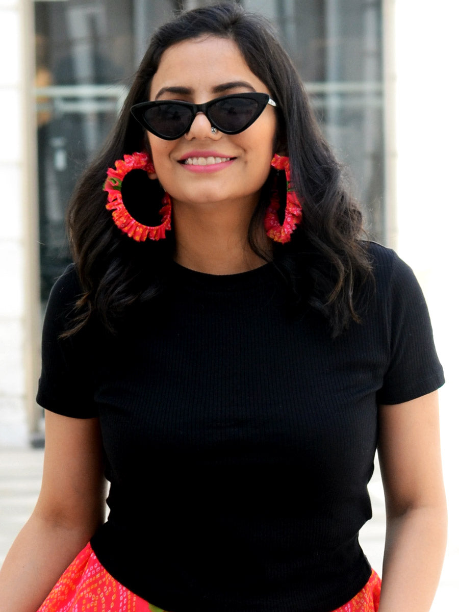 Bandhej Ruffle Hoops, a gorgeous Indian bohemian ethnic hoops earring from our designer collection of hoops earrings for women.