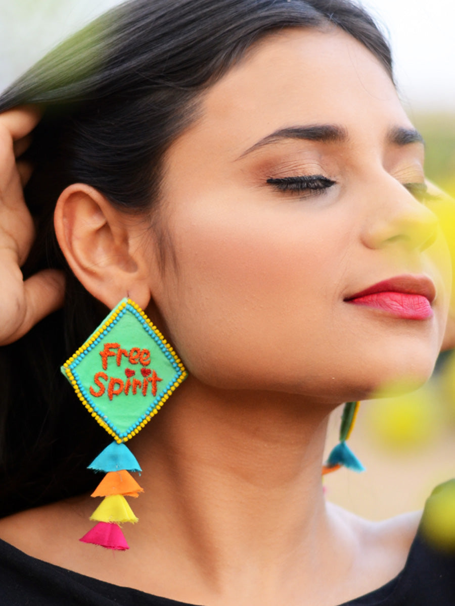 Free Spirit Embroidered Earrings, a bright summer statement earring with tassels from our designer collection of earrings for women.