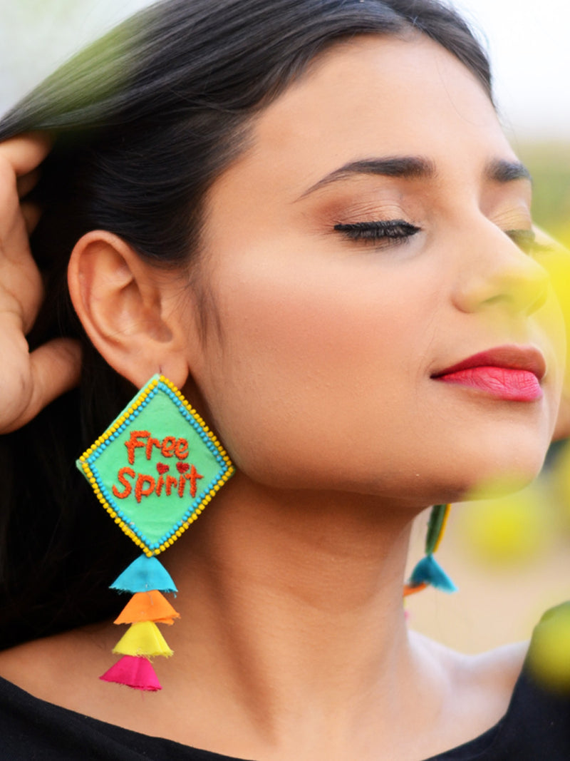 Free Spirit Embroidered Earrings, a bright summer statement earring with tassels from our designer collection of earrings for women.