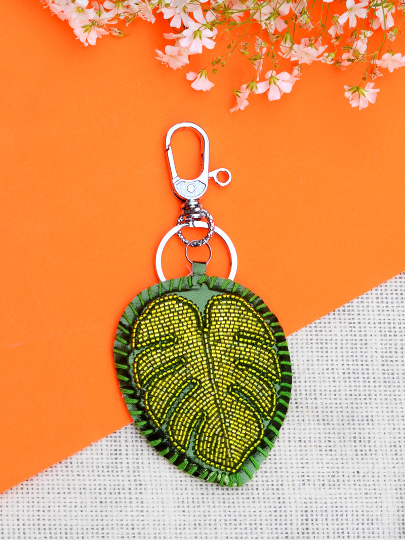 Jungle Leaf Keychain Bagcharm, a unique handcrafted keychain bag charm from our designer collection of hand embroidered keychain and bag charms online.