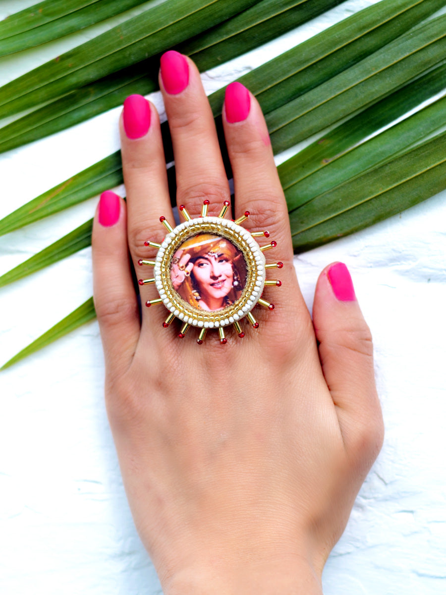 Madhubala Ring from our latest designer, quirky, hand embroidered collection of unique rings online for women. The ring comes with an adjustable size and beads detailing.