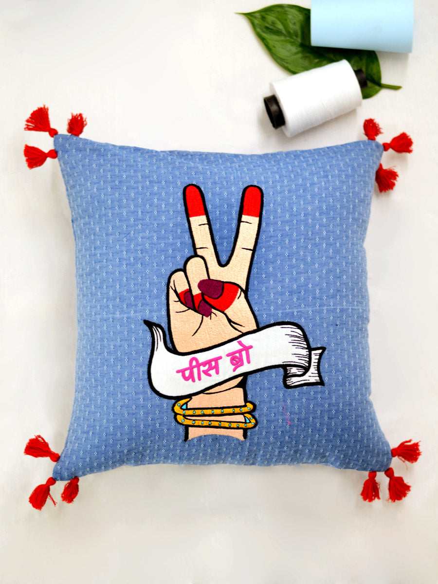 Peace Bro Cushion Cover, a unique hand embroidered cotton cushion cover with tassel detailing from our wide range of quirky, bohemian home decor products like ethnic cushion covers, thread art, wall decor & wall art and more.