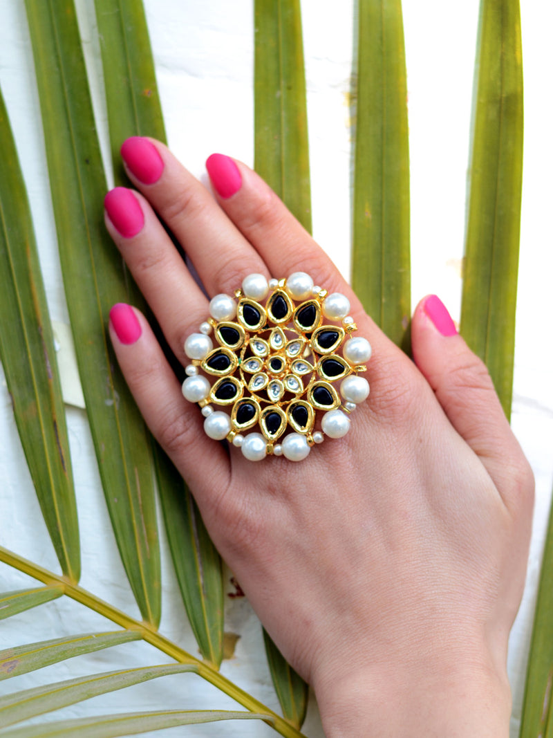 Damini Kundan Ring, one of our designer pearl kundan rings from our latest collection of rings for girls online.