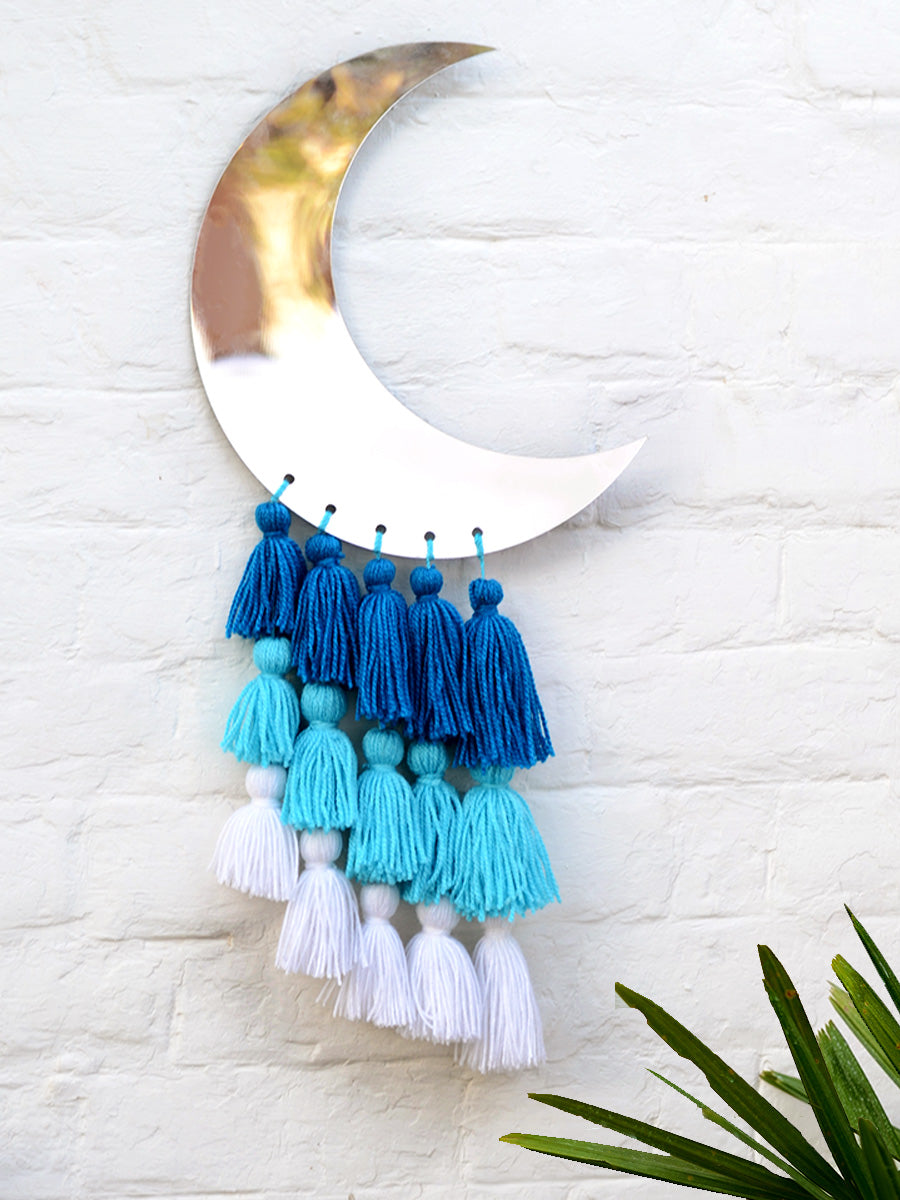 Shades of Moon Wall Hanging, a unique handcrafted wall hanging with handmade tassels from our wide range of quirky, bohemian home decor products like wall art, thread art, cushion covers and more.