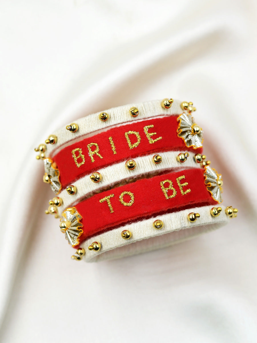 Bride to be Embroidered Bangles, a quirky, handcrafted statement bangle from our collection of hand embroidered wedding themed bangles online for women.