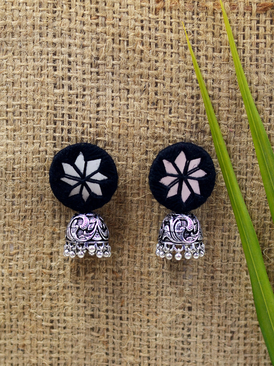 Mahira hand embroidered Jhumka, a beautifully hand-embroidered silver jhumka from our designer collection of boho, Kundan and tassel earrings and jhumkas for women.