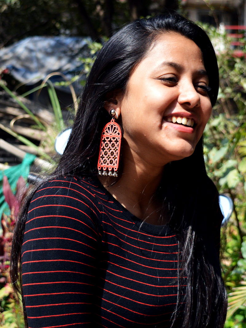 Darpan Mirror Hand-painted Earrings, a hand painted designer earring with mirror and ghungroos from our designer collection of quirky, handmade earrings for women.