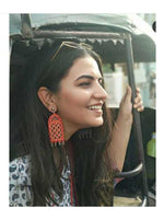 Darpan Mirror Hand-painted Earrings, a hand painted designer earring with mirror and ghungroos from our designer collection of hand embroidered earrings for women online.