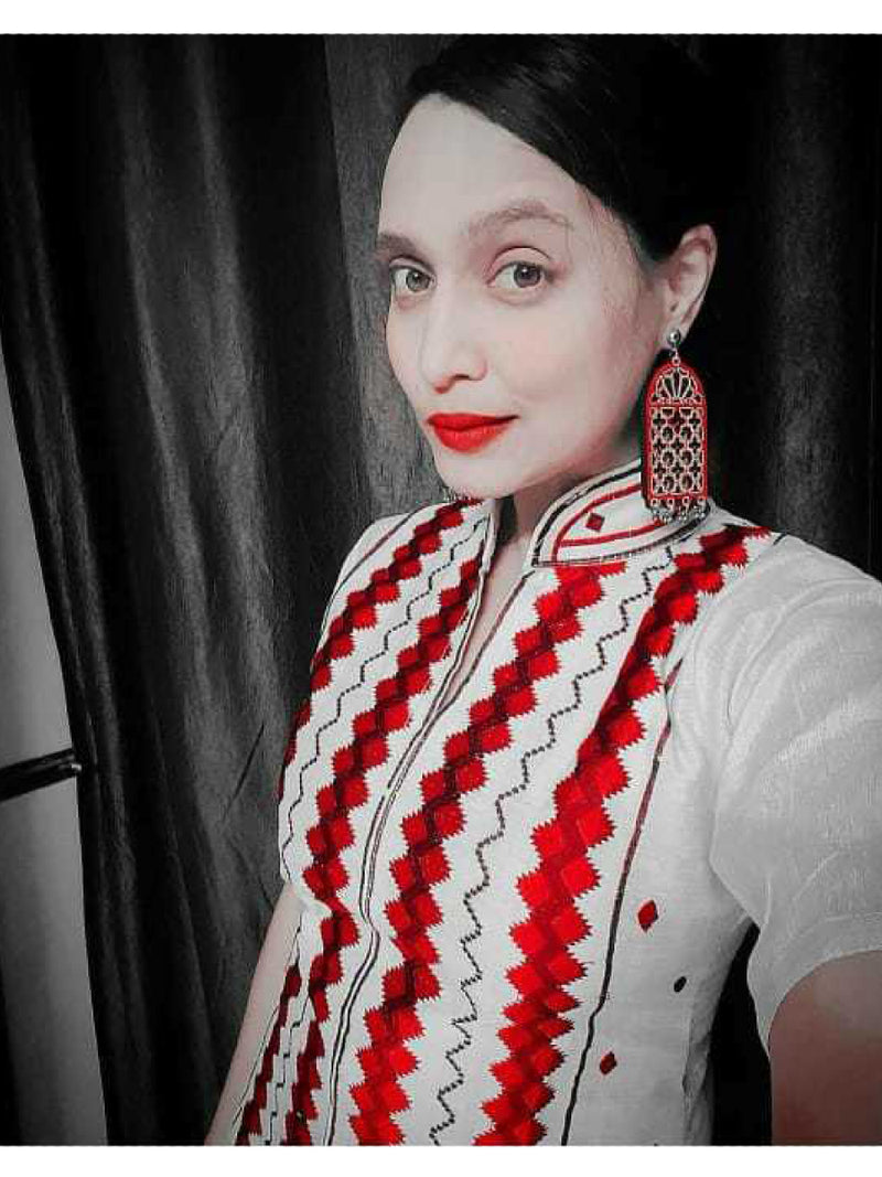 Darpan Mirror Hand-painted Earrings, a hand painted designer earring with mirror and ghungroos from our designer collection of hand embroidered earrings for women online.