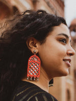 Darpan Mirror Hand-painted Earrings, a hand painted designer earring with mirror and ghungroos from our designer collection of hand embroidered earrings for women online.