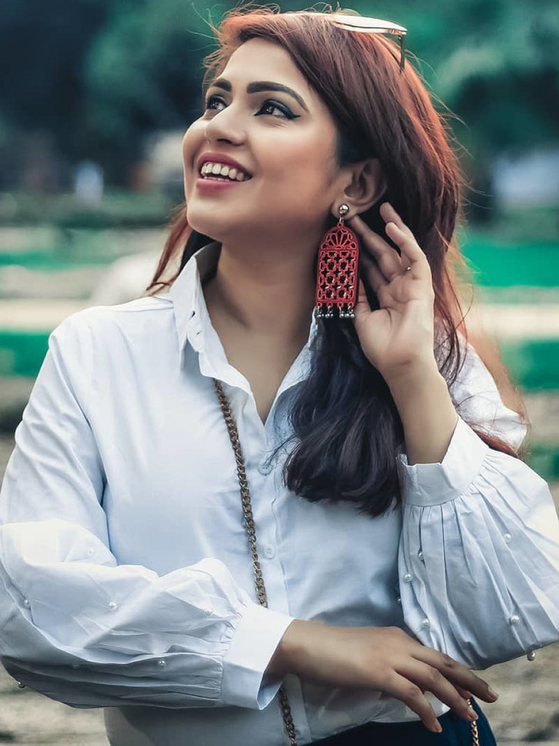 Darpan Mirror Hand-painted Earrings, a hand painted designer earring with mirror and ghungroos from our designer collection of hand embroidered earrings for women online.
