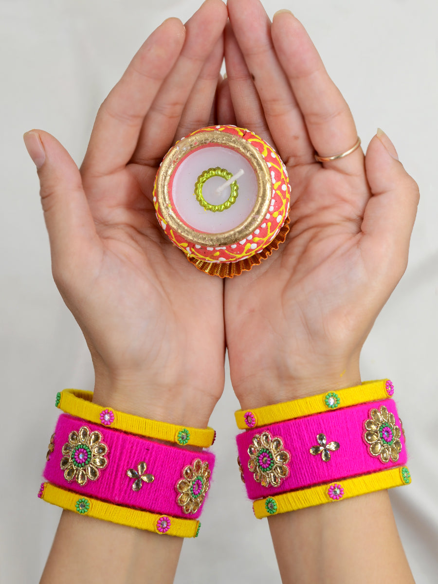 Karva Kundan Bead Bangles, a designer, handcrafted gota bangle set from our latest hand embroidered kundan bangles for women online.