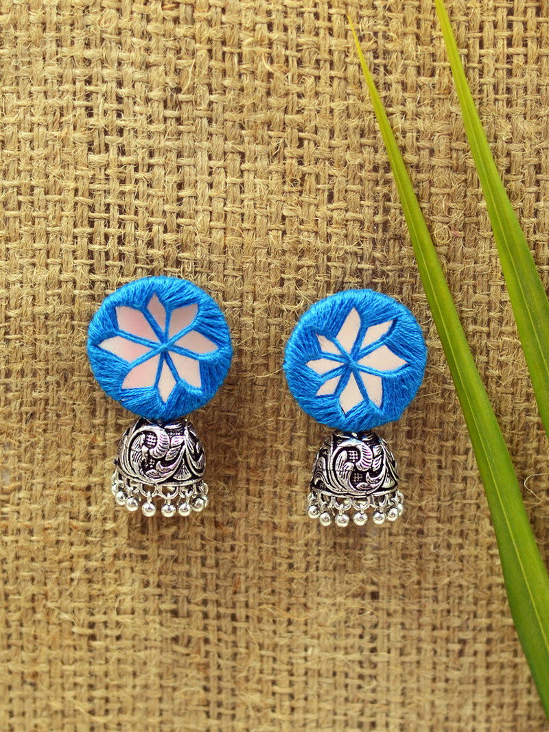 Mahira hand embroidered Jhumka, a beautifully hand-embroidered silver jhumka from our designer collection of boho, Kundan and tassel earrings and jhumkas for women.