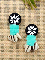 Zoya Pom-pom Shell Earrings, a chic hand embroidered shell earrings with mirror and pom pom detailing from our quirky designer collection of earrings for women online.