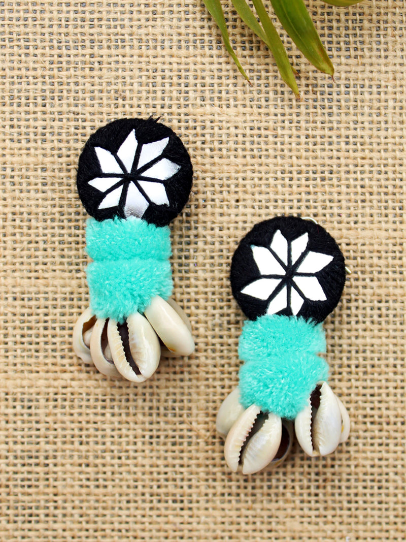 Zoya Pom-pom Shell Earrings, a chic hand embroidered shell earrings with mirror and pom pom detailing from our quirky designer collection of earrings for women online.